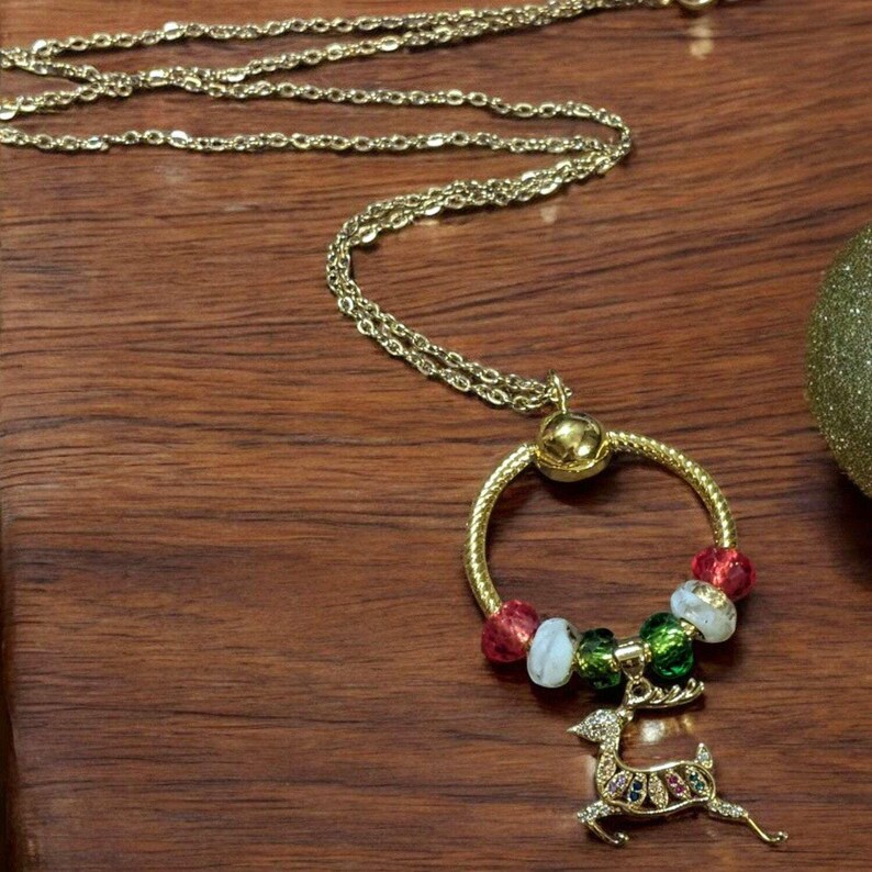 Gold Reindeer Charm Keeper Necklace, Approx. 26 inches - - LadybugfeetDesigns -