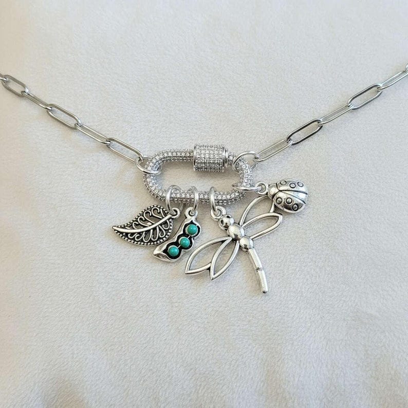 Large Dragonfly, Garden Friends Carabiner Necklace, Silver - Adjusts up to 20 inches - - LadybugfeetDesigns -