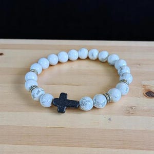 White Gray Beaded Cross Stretch Bracelet-UNISEX - - LadybugfeetDesigns -