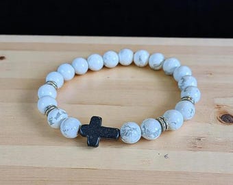 White Gray Beaded Cross Stretch Bracelet-UNISEX