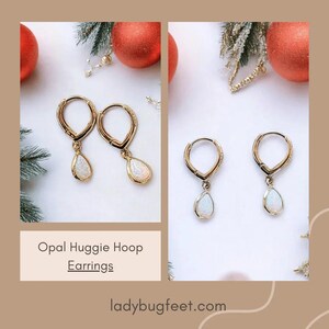 Opal Huggie Hoop earrings, 15mm Hoop Drop, Silver/Gold - - LadybugfeetDesigns -