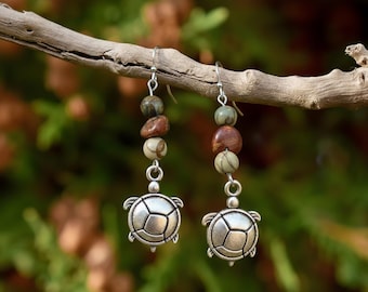 Turtle Red Creek Jasper Hook Earrings, Silver