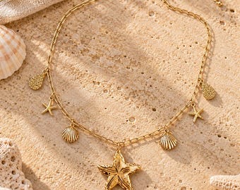 Beach Vibes Multi Charm Link Necklace, Gold- 20 inch