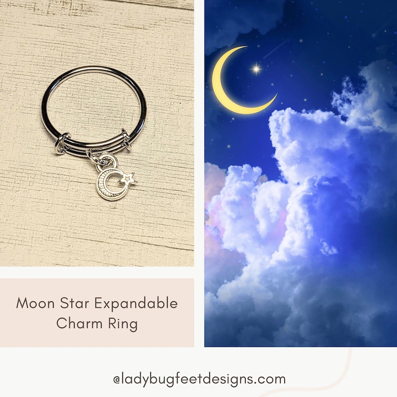 Moon Star Expandable Charm Ring - - LadybugfeetDesigns -