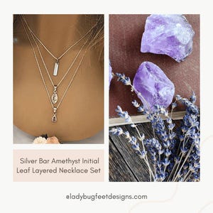 Silver Bar Amethyst Initial Leaf Layered Necklace Set, Silver - - LadybugfeetDesigns -