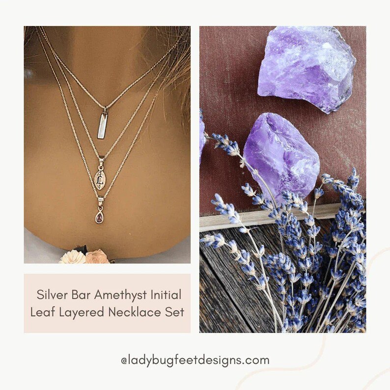 Silver Bar Amethyst Initial Leaf Layered Necklace Set, Silver - - LadybugfeetDesigns -