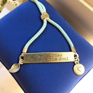 The Journey Awakens the Soul, Inspirational Quote Twisted rope bolo Bracelet - - LadybugfeetDesigns -