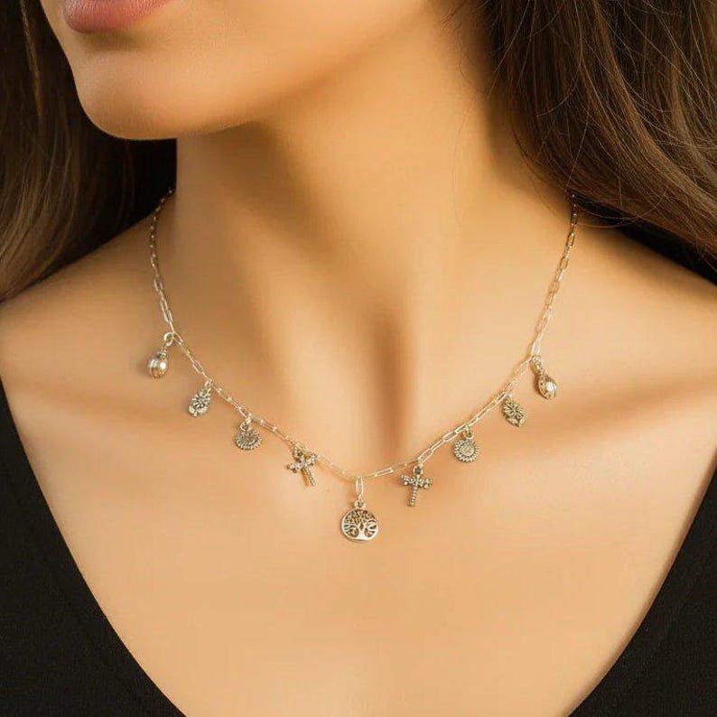 Nature Lover Multi Charm Link Necklace, .925 Sterling Silver - 20 inch - - LadybugfeetDesigns -