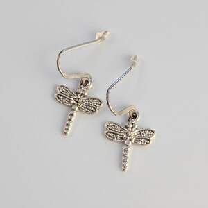 Tiny Dragonfly hook Earrings, Silver - - LadybugfeetDesigns -