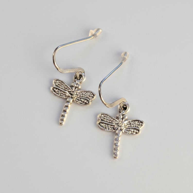 Tiny Dragonfly hook Earrings, Silver - - LadybugfeetDesigns -