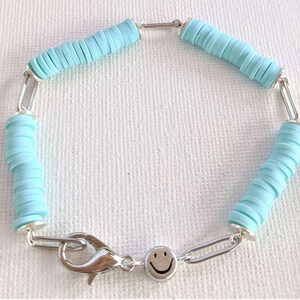 Aqua Blue Smiley Stainless Steel Paperclip Chain Bracelet - - LadybugfeetDesigns -