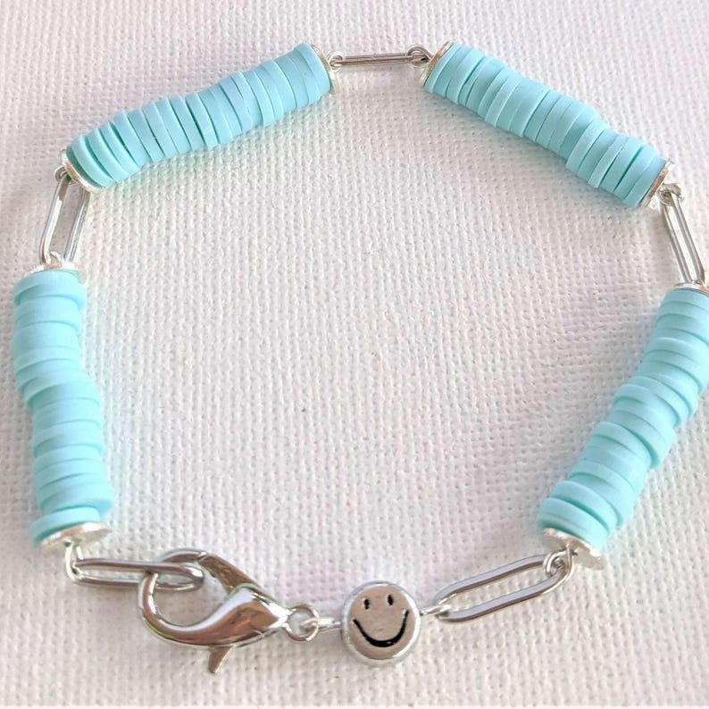 Aqua Blue Smiley Stainless Steel Paperclip Chain Bracelet - - LadybugfeetDesigns -