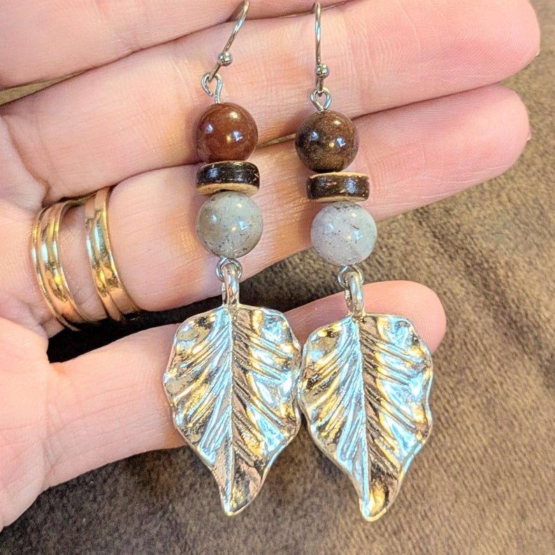 Large Leaf Tourmaline Hook Earrings, Silver - - LadybugfeetDesigns -