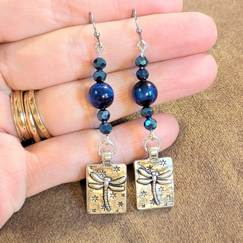 Blue Tiger's Eye Beaded Dragonfly Earrings - - LadybugfeetDesigns -