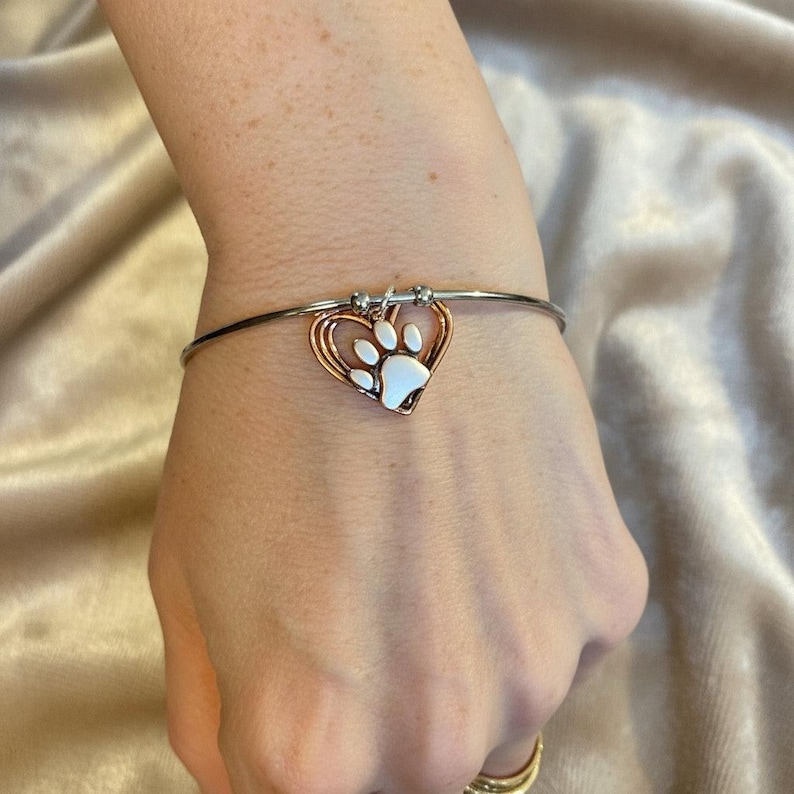 Paw Heart Euro Bangle Cuff, Silver - - LadybugfeetDesigns -