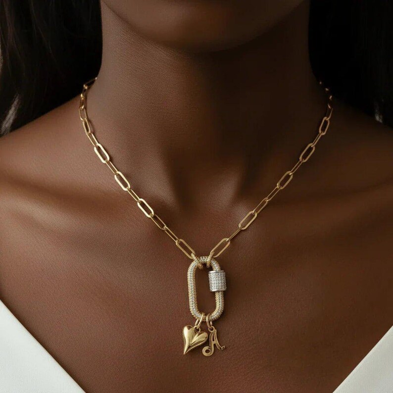 Gold Initial Heart Carabiner Necklace - 20 inch - - LadybugfeetDesigns -