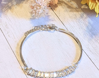CZ Baguette Bangle Bracelet, Silver - Large