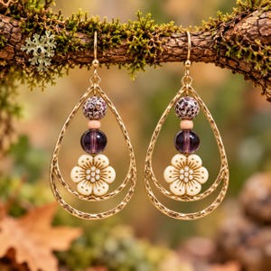 Boho Hammered Teardrop White Flower/Purple Bead Earrings, Gold - - LadybugfeetDesigns -