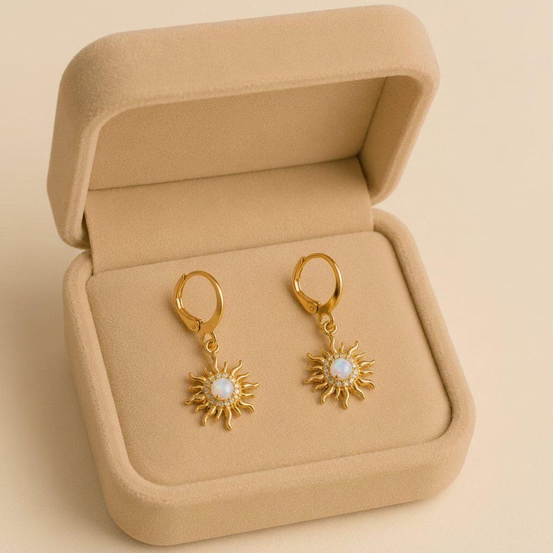 Opal Sun Leverback Hoop Earrings, Gold - - LadybugfeetDesigns -