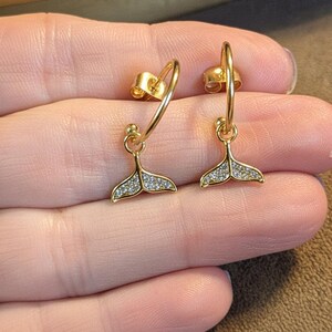 CZ Whale/Dolphin Tail Hoop Earrings, Gold - 16mm - - LadybugfeetDesigns -