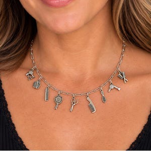 Hair Stylist Multi Charm Link Necklace, Silver - 20 inch - - LadybugfeetDesigns -