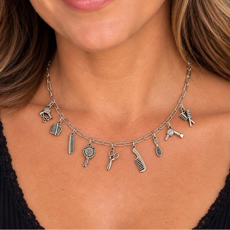 Hair Stylist Multi Charm Link Necklace, Silver - 20 inch - - LadybugfeetDesigns -
