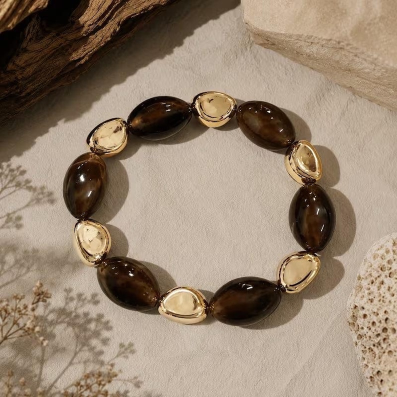 Amber and Gold Chunky Bead Bracelet - - LadybugfeetDesigns -
