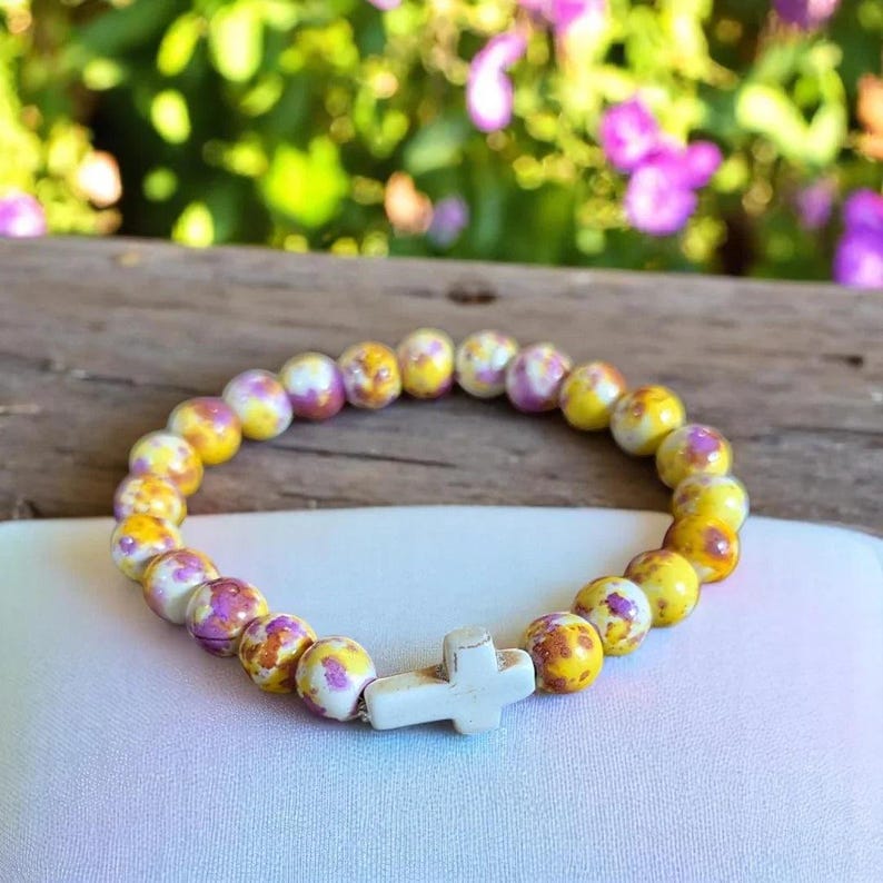 Yellow Fuchsia Beaded Cross Stretch bracelet - - LadybugfeetDesigns -
