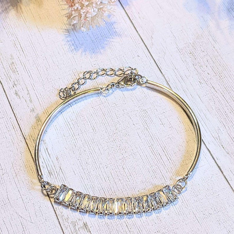 Silver CZ Baguette Bangle Bracelet, Large - - LadybugfeetDesigns -