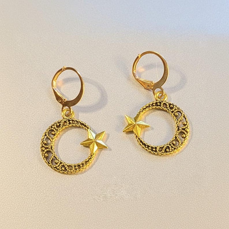 Fancy Crescent Moon Star Leverback Hoop Earrings, Gold - - LadybugfeetDesigns -