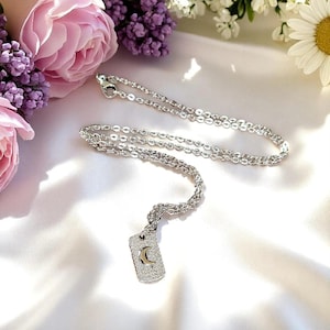 CZ Crescent Moon Tag Necklace, Silver - 20 inch - - LadybugfeetDesigns -