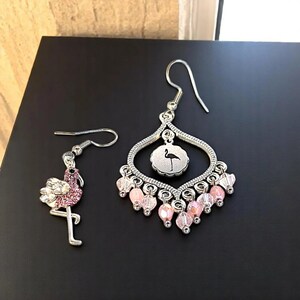 Mismatched Rhinestone Flamingo hook earrings - - LadybugfeetDesigns -