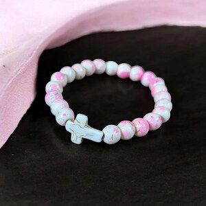 Pink Ivory Beaded Cross Stretch bracelet - - LadybugfeetDesigns -
