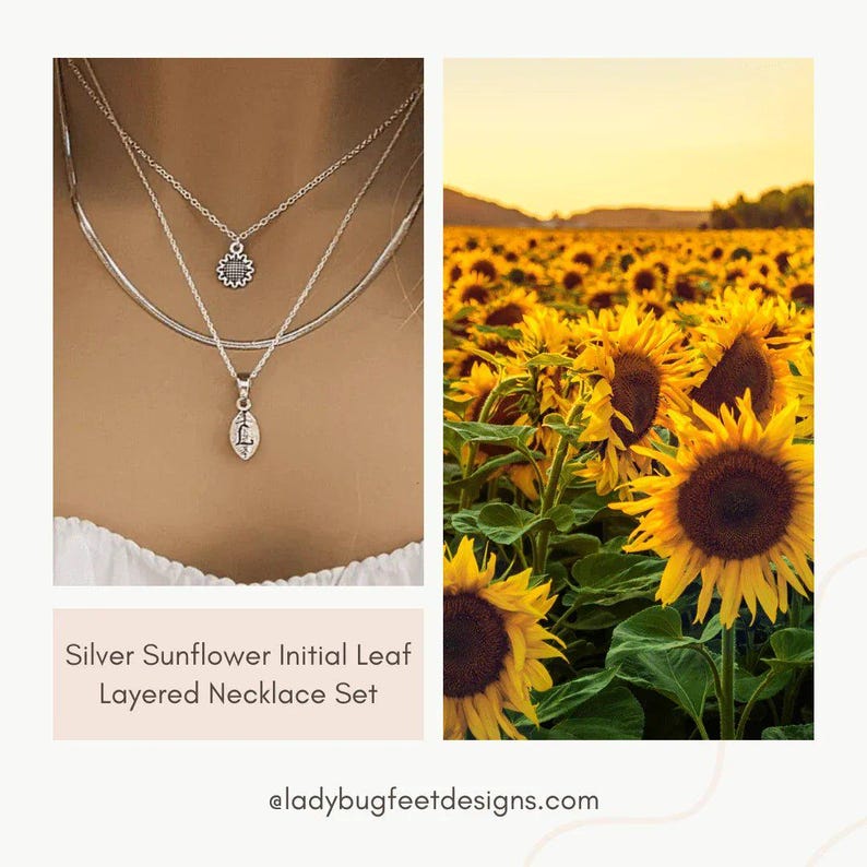 Sunflower Initial Leaf Layered Necklace Set, Silver - - LadybugfeetDesigns -