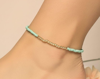 Beaded Stretch Cord Anklet-Turquoise Champagne