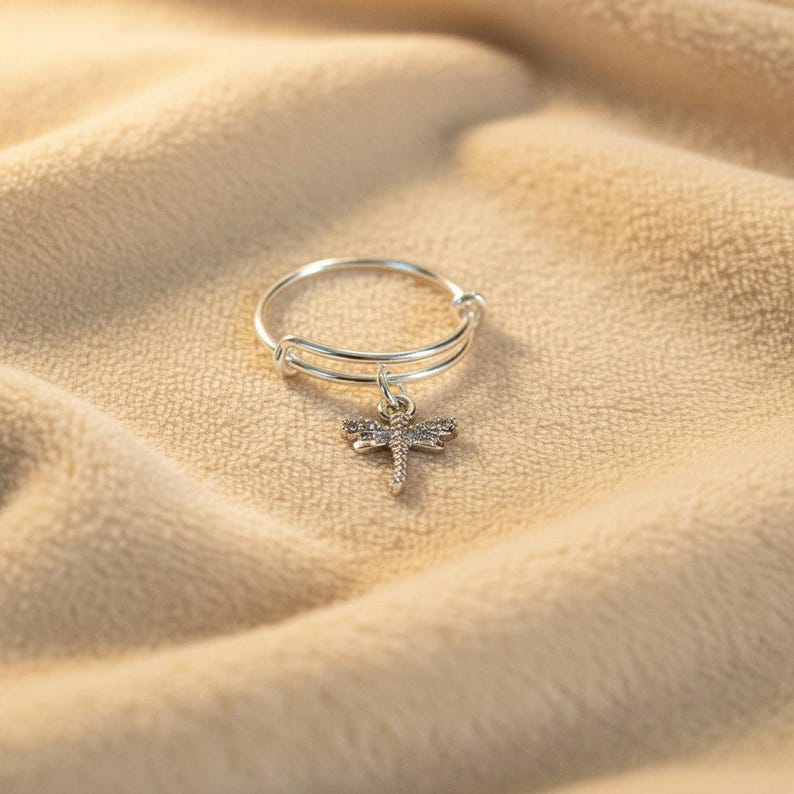 Tiny Dragonfly Adjustable Charm Ring, Silver - - LadybugfeetDesigns -