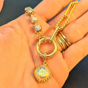 Crystal & Gold Snap Ring Necklace, Gold - 24 inch - - LadybugfeetDesigns -