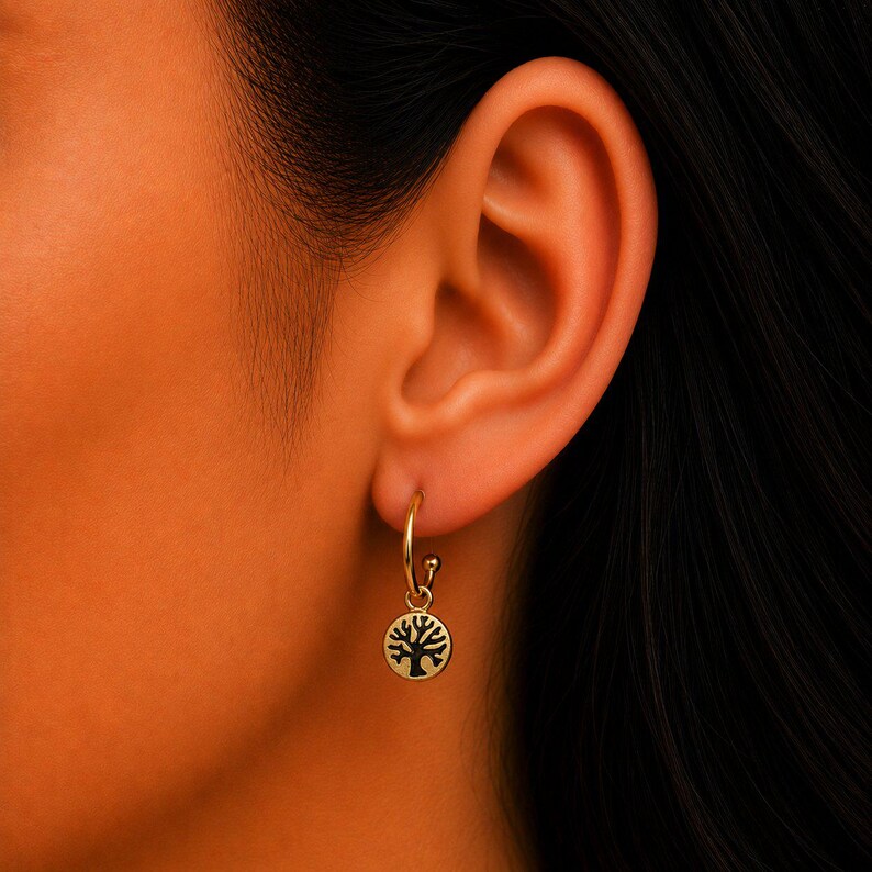 Tree of Life Gold Hoop earrings, Hoop Drop, 16mm - - LadybugfeetDesigns -