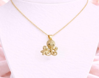 Collar de pulpo con circonitas cúbicas, color oro - 20 pulgadas