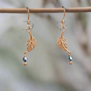 Peacock Crystal Feather Rose Gold dangle earrings - - LadybugfeetDesigns -