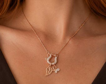 Leaf Butterfly Shackle Clasp Carabiner Charm Necklace, Rose-Gold - Adjustable up to 24 inches