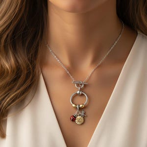 Garden Party Sterling Silver Toggle Charm Necklace, 20 inches - - LadybugfeetDesigns -