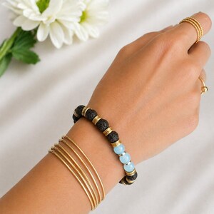 Aquamarine Gemstone Lava Bead Stretch bracelet-MARCH Birthstone - - LadybugfeetDesigns -