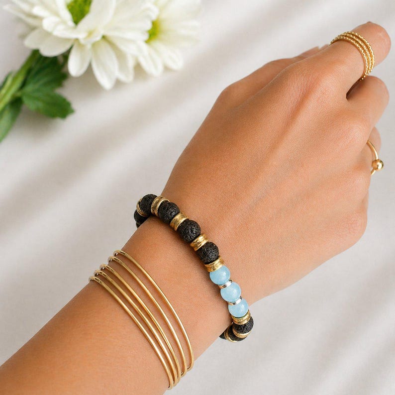 Aquamarine Gemstone Lava Bead Stretch bracelet-MARCH Birthstone - - LadybugfeetDesigns -