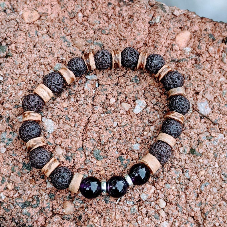 Dark Amethyst Gemstone Lava Bead Stretch bracelet-FEBRUARY Birthstone - - LadybugfeetDesigns -