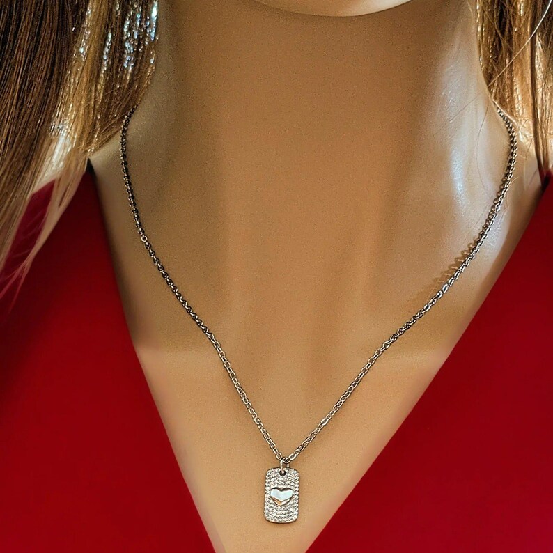 CZ Heart Tag Necklace, Silver - 20 inch - - LadybugfeetDesigns -