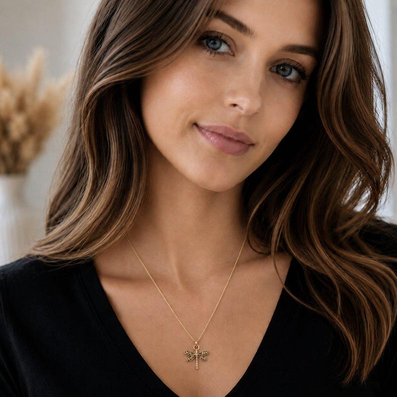 Dragonfly Necklace, Gold - 20 inches - - LadybugfeetDesigns -