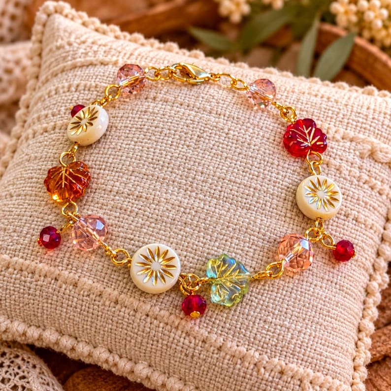 Botanical Starburst Crystal Bead Bracelet, Gold - - LadybugfeetDesigns -