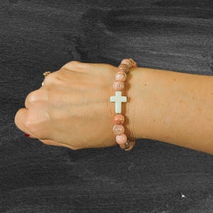 Pink Zebra Jasper Beaded Cross Stretch bracelet - - LadybugfeetDesigns -