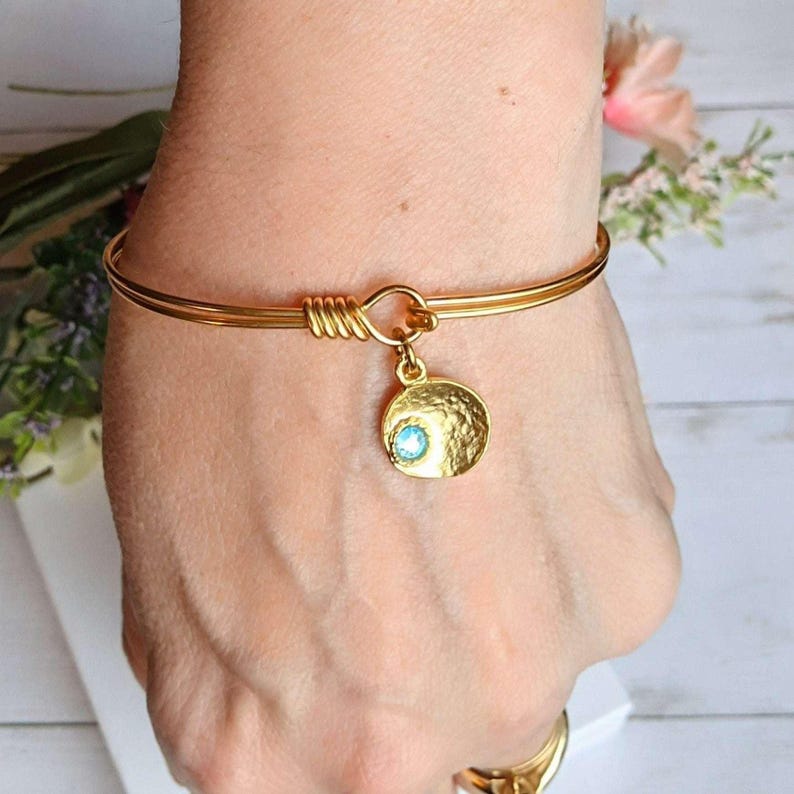 Gold Birthstone Cuff bangle, European Charm Bracelet - - LadybugfeetDesigns -